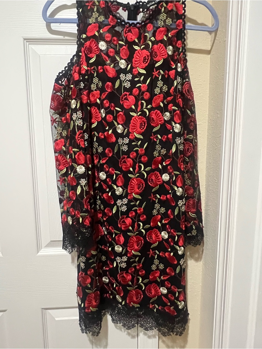 Sugarlips Black Skirt with Red Rose Embroidery